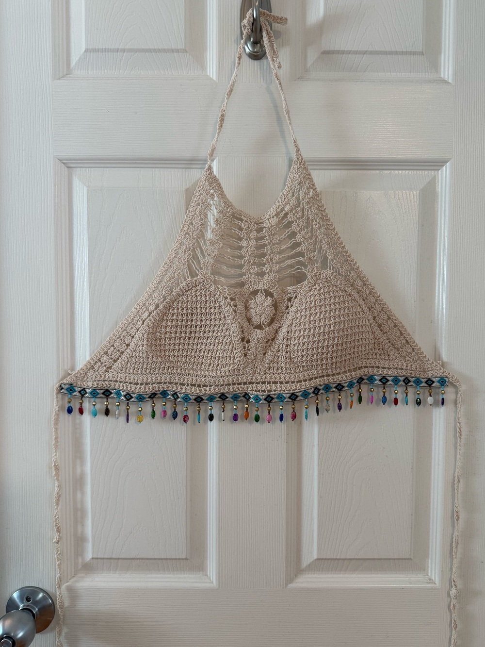 Coachella Evil Eye Beaded Crochet Halter Top Medium